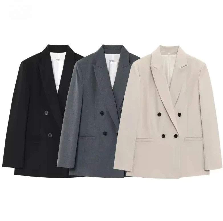 

Women New Suit Set Shoulder Padded Double Breasted Blazer High Waist Pleated Wide Leg Pants Elegant Office Two Piece Outfit