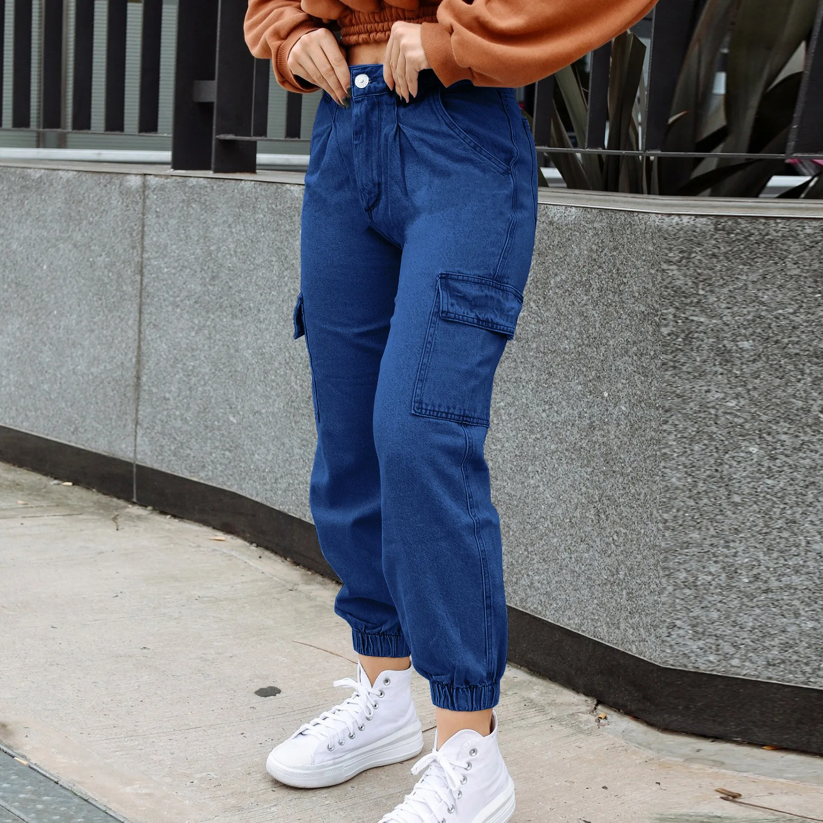 Autumn Fashion Solid Color Comfortable Cargo Pants Temperament Casual Women Elastic Buckle Faded Commuting Wash Jeans