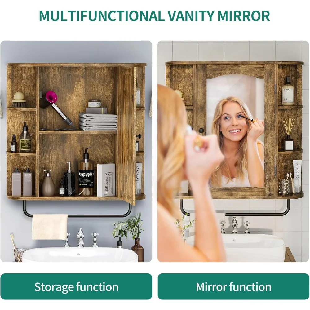 Armário de banheiro montado na parede com porta de espelho, organizador de armazenamento de prateleira removível para espaços pequenos, decoração de casa