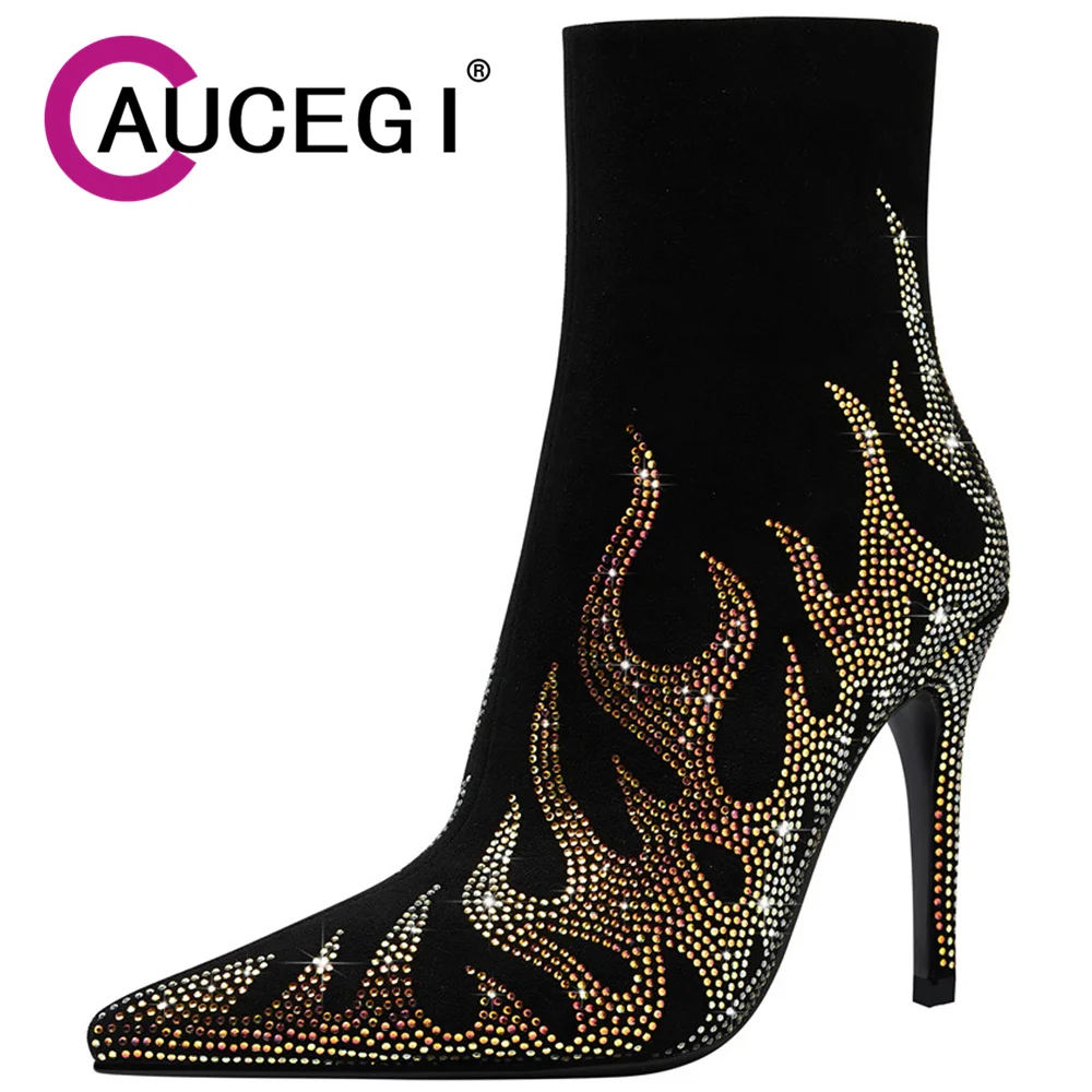 

Aucegi Slim Flame Rhinestone Pointed Toe Stiletto High Heel Ankle Boots Woman Spring Autumn 2023 Black Zipper Party Wedding Shoe