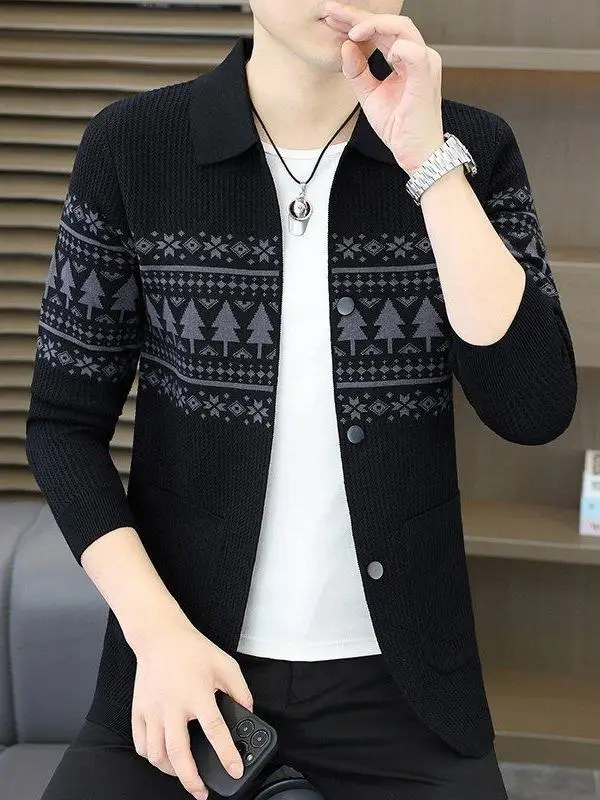 

Мужской вязаный кардиган с отложным воротником, узором Fair Isle, ретро-вышивкой, легкий, модный, весенний, из полиэфирного волокна, повседневный