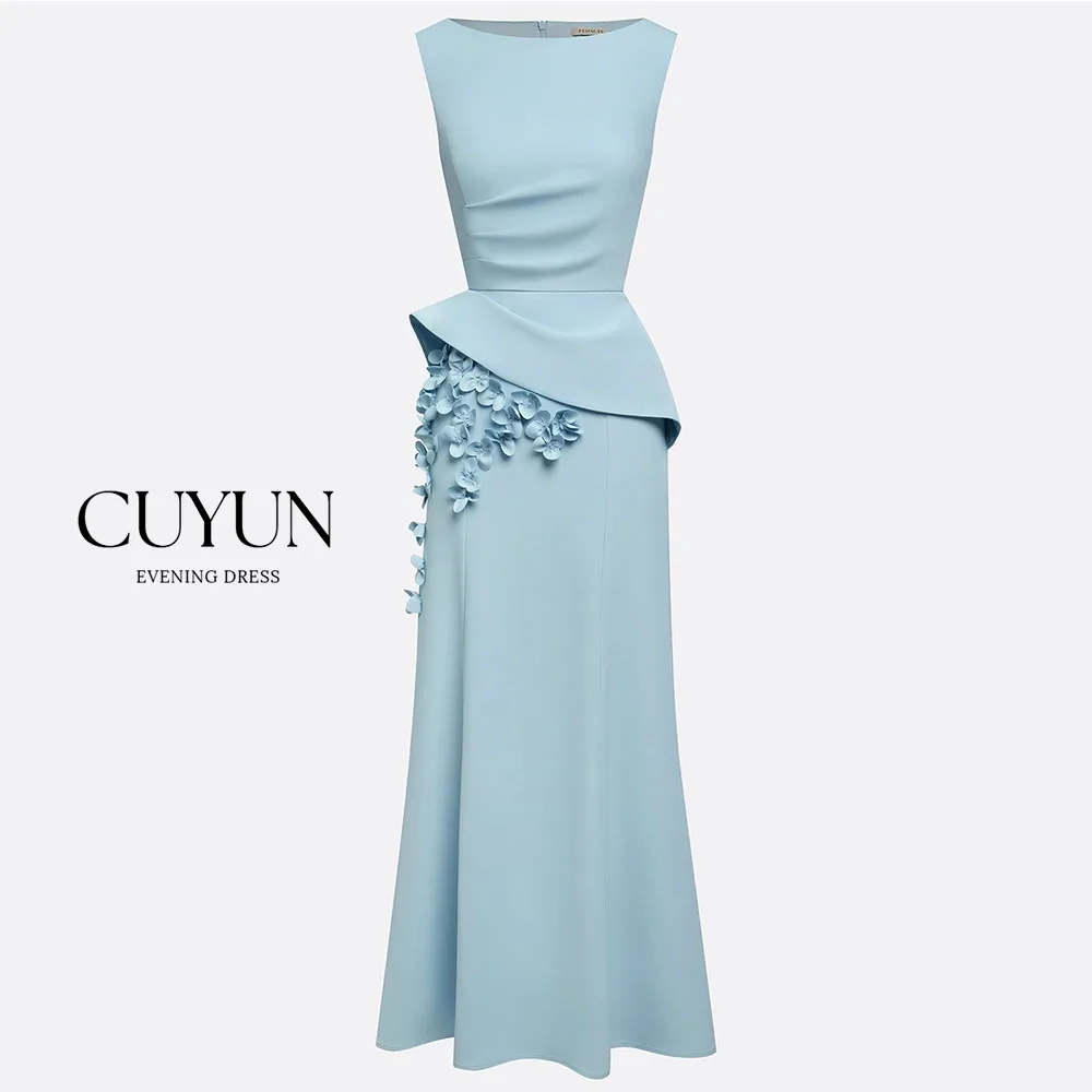 Vestidos de Madre de la Novia con Diseño Floral 3D Personalizado CUYUN 2026 para Mujer, Vestido de Noche con Cuello Barco para Boda, Vestido de Fiesta de Graduación Azul Claro Estilo Sirena