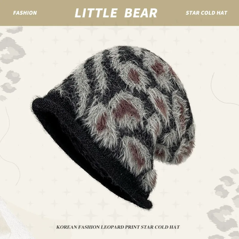 Amerikanische personalisierte Pullover-Mütze mit Leopardenmuster und Plüschfutter für Herren und Damen, Winter Retro warme Ohrenschützer, Skull-Beanie-Mützen – Detail 3