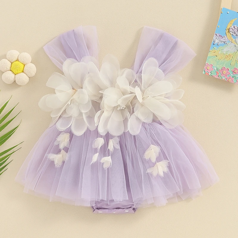 Toddler Baby Girls Tulle Romper Skirts Cute Summer Jumpsuits Dress Children Sleeveless 3D Flower Decor Bodysuits Outerwear