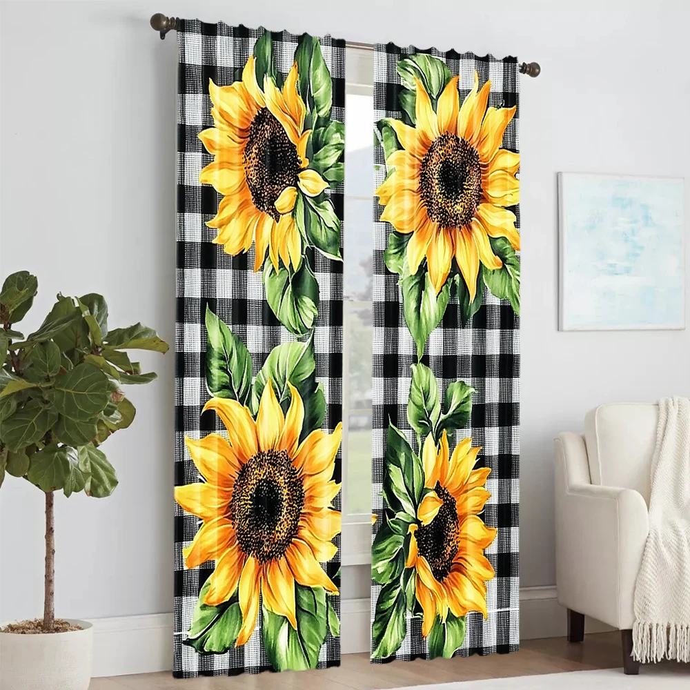 2Pcs Elegant Curtain Plaid Sunflower Print Window Curtain Charming European Style Design Vintage Window Decoration For Kitchen