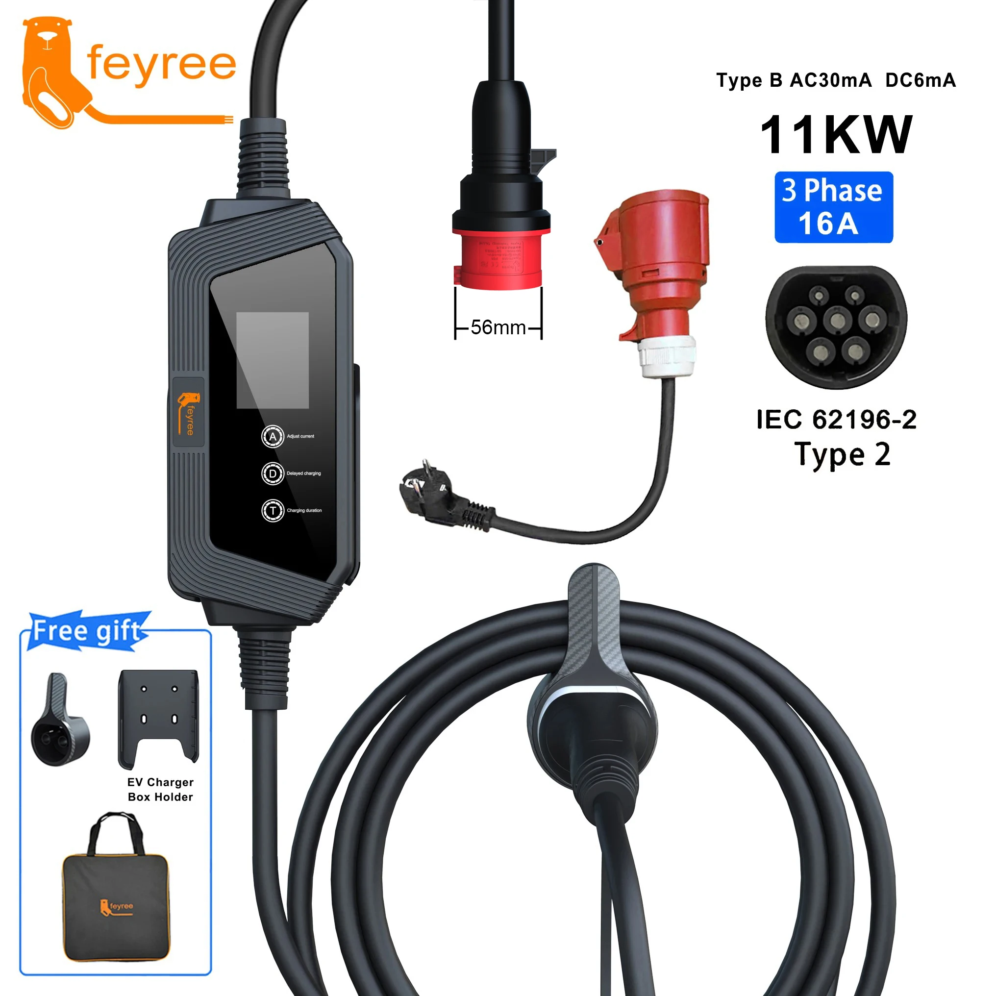 feyree Type2 Portable EV Charger 11KW 16A 3 Phase EVSE Charging Box 5M Cable with CEE Plug IEC62196-2 Electric Vehicle Charger