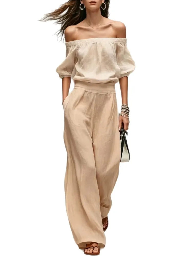 Summer New One-shoulder Waist Top + Wide-leg Pants Set Elegant And Fashionable Solid Color Casual Holiday Party 2-piece Set - view 6