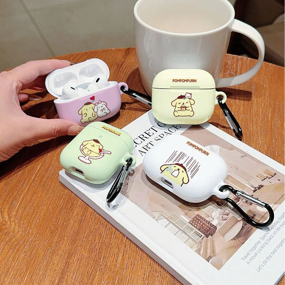Cute Sanrio PomPomPurin Shockproof Protective Glossy HD Hard PC Earphone Cover Case For AirPods 1 2 3 Pro Pro2 with Metal Hook