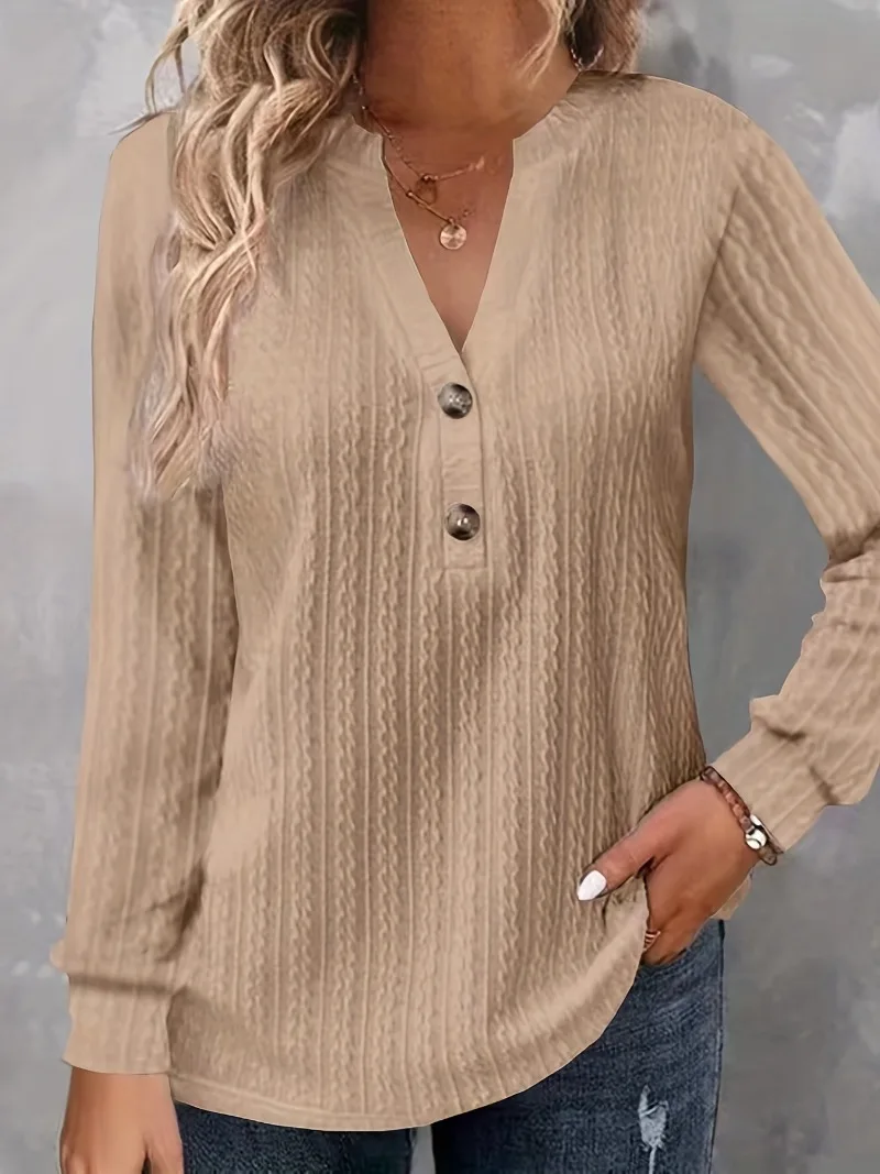 Primavera 2025 nueva colección de ropa de mujer cómoda camiseta de manga larga con cuello en V cepillado y arrugado y Top arrugado