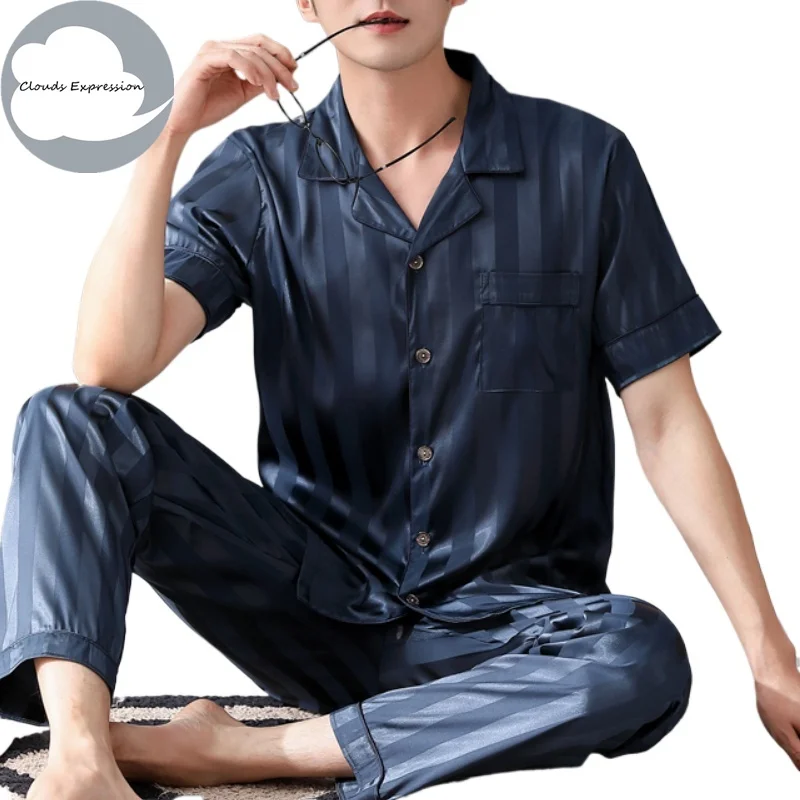 Verano 4XL pijamas azules para estar en casa imitar seda conjuntos de pijamas para hombre pijama de satén ropa de dormir masculina Pjs ropa de dormir ropa de casa moda