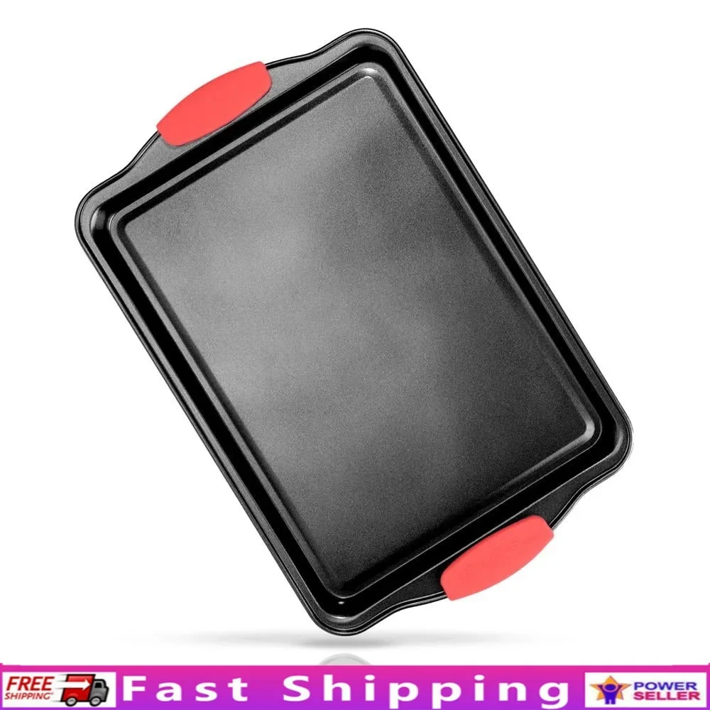 ورقة كوكي غير لاصقة، أدوات خبز صغيرة من الفولاذ الكربوني، آمنة للاستخدام في غسالة الأطباق، مقابض سيليكون حمراء قابلة للتكديس وتوفير المساحة متوافقة مع