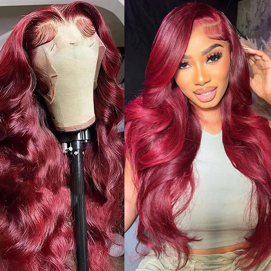 Perruque Lace Front Wig Body Wave Naturelle, Cheveux Humains, Couleur Bordeaux 99j, 13x6, 13x4, HD, Pre-Plucked, Transparente, pour Femme