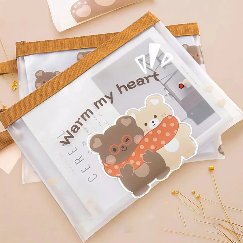 A4 A5 Zipper File Bag Kawaii Bear Large Pencil Case Documents Tickets File Holder Korean Stationery Cute Cartoon Storage Pouch