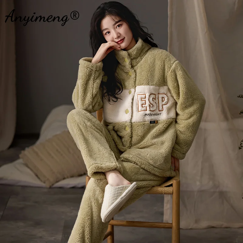 Winter Warm Flannel Women Pajama Sets Purple Long Top and Pants Pijamas Woman Cardigan Sleepwear Girl Loungewear