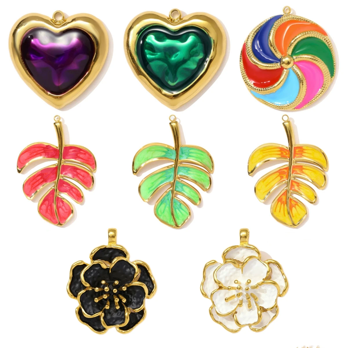 

3Pcs/Lot Stainless Steel Heart Leaf Flower Charms Enamel Pendants For DIY Jewelry Making Necklace Earring Accessory Wholesale