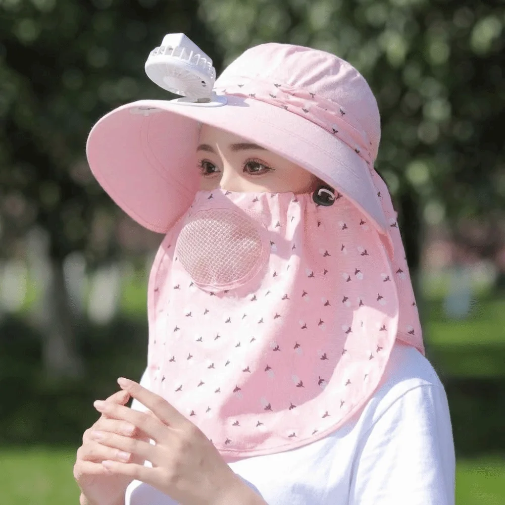 Casual Windproof Electric Fan Bucket Hat With Neck Flap Full Face Cover Tea Picking Hat Big Brim Sunscreen Women Sun Hat Outdoor