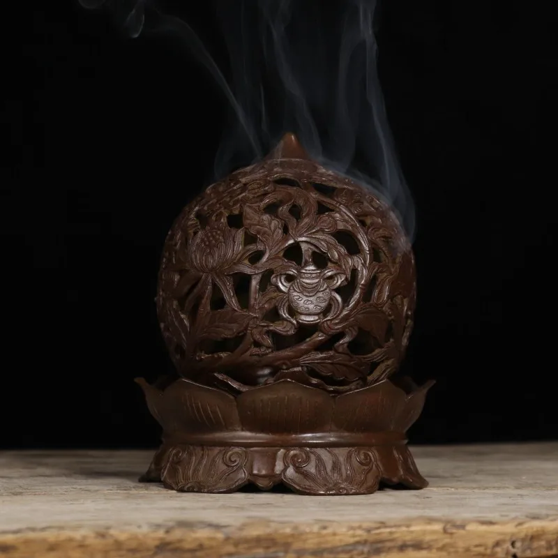 Antique Openwork Lotus Incense Burner Spherical Censer with Lotus Base Zen Aroma Furnace for Tea Room Home Decor