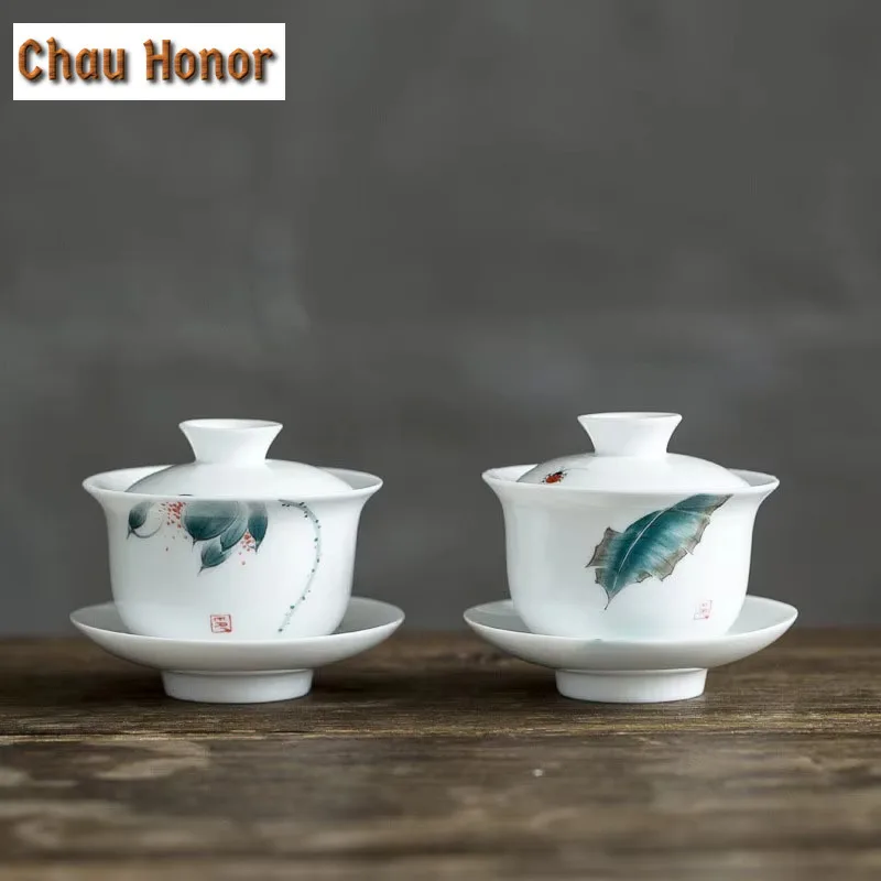 

140ml Hand-painted Sancai Covered Bowl Tea Cup Ceramic Kung Fu Tea Set Household Tea Making Bowl Tea Ceremony Customized Gift