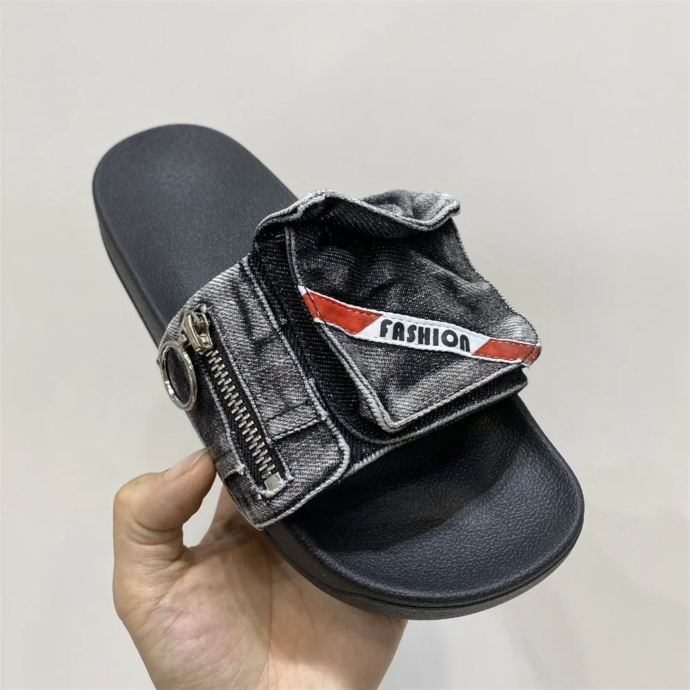 

Denim Zipper Thick Sole Flat Slippers Men's and Women's Summer 2023 Open Round Toe Multicolor Outdoor Sandals Fashion Shoes