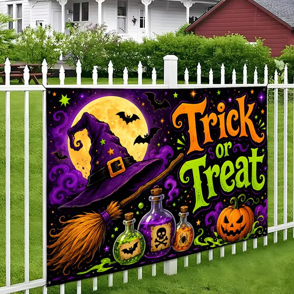 Halloween flag vivid print durable reusable easy hang indoor outdoor porch yard party witch hat broom potion pumpkin bats Flags