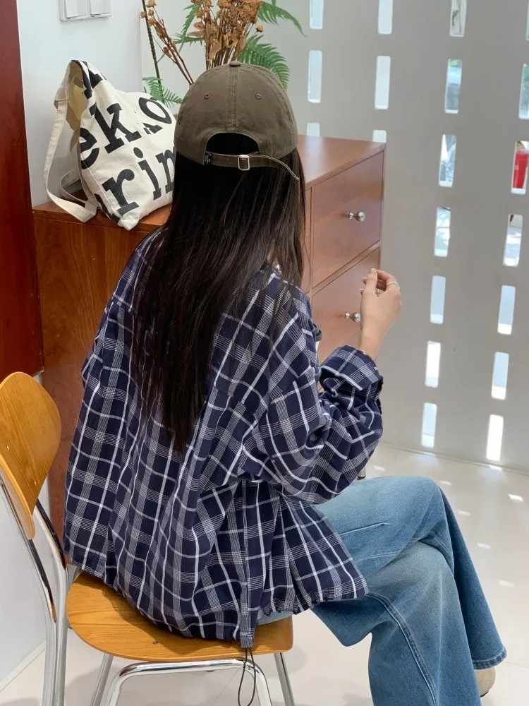 

Feita Korean Style Loose Bottom Drawstring Plaid Shirt Women Casual Slimming Single Button up Top Coat Casual Loose Fit Cotto...