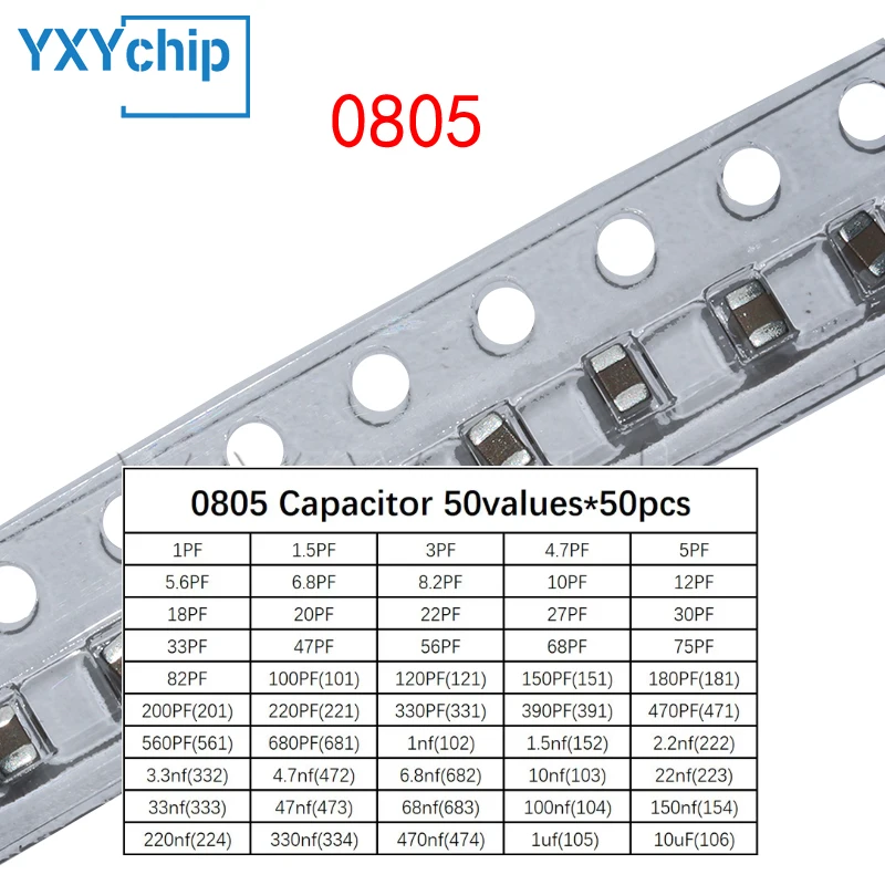 0805 SMD Чип Керамический конденсатор набор в ассортименте 1 пФ ~ 10 мкФ 50 значений * 50 шт. = 2500 шт. набор образцов