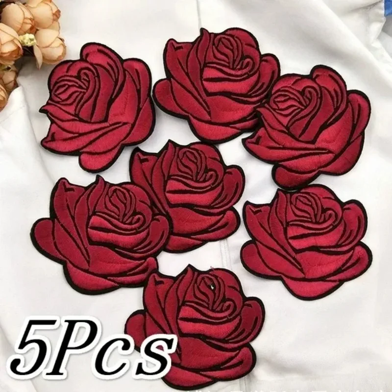 5 Pack Rose Flower Applique Iron-On Cloth Patches High-End Clothing Fabric Patches Multi-Color Roses Adhesive Patches