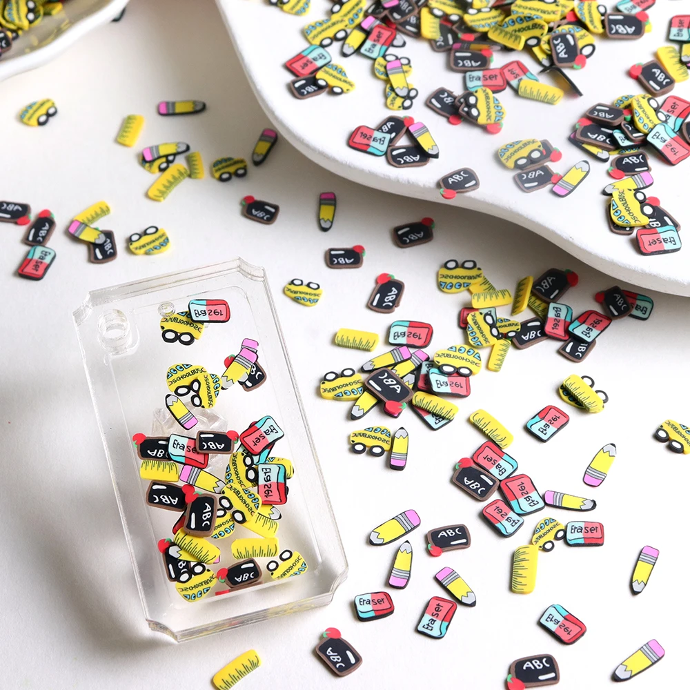 10g DIY Teacher's Day Gift Crafts Making Materials School Bus Eraser Pencil Polymer Clay Slices Pendant Jewelry Making Supplies