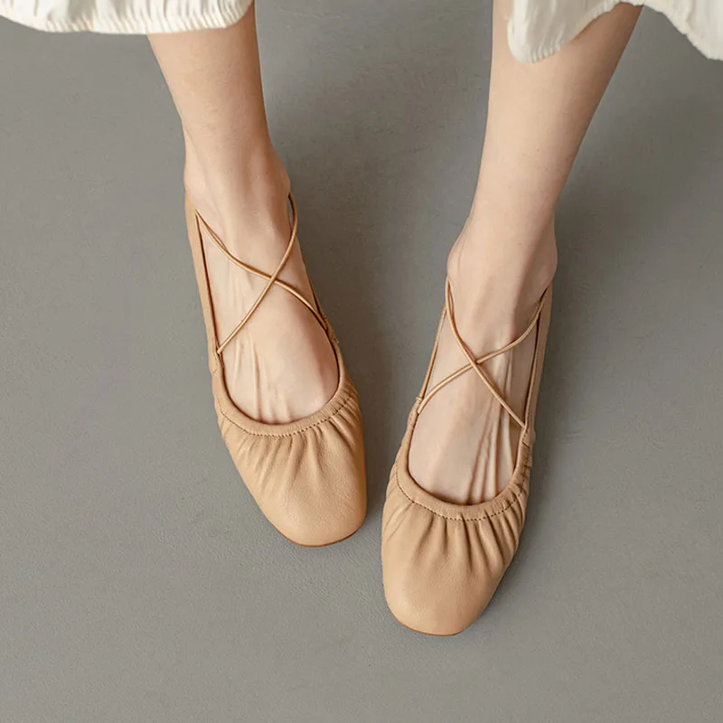 Elegant Ballet Flats Women Shoe Soft Leather and Sole Casual Shoes Lady Square-toe Pumps Crossover Elastic Bands Mary Jane Shoes