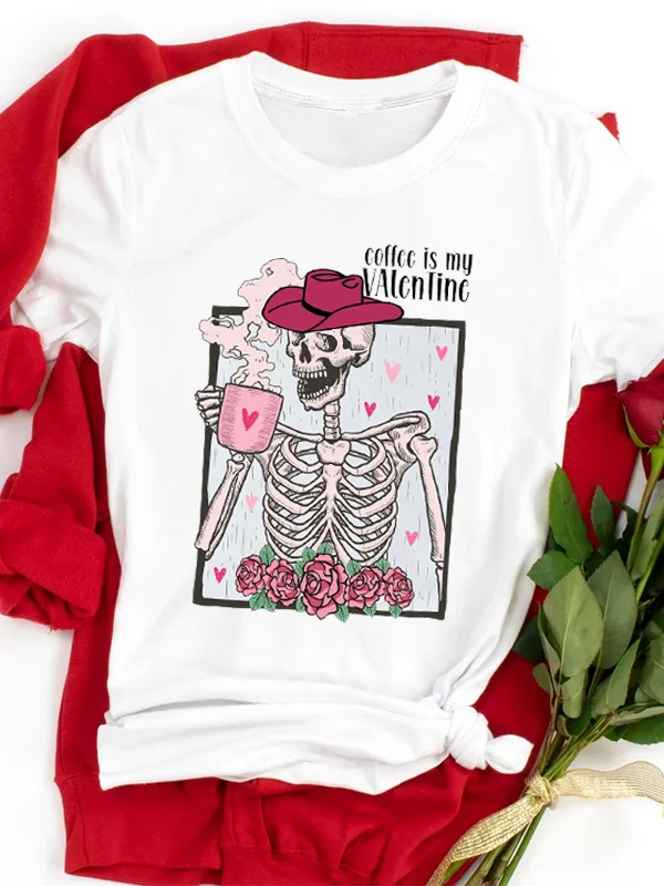 

Coffee Is My Valentine Slogan Female T-shirt Vintage Skeleton Cowboy Pink Rose Print Lover Shirt Voguish Hot Valentine's Day Tee