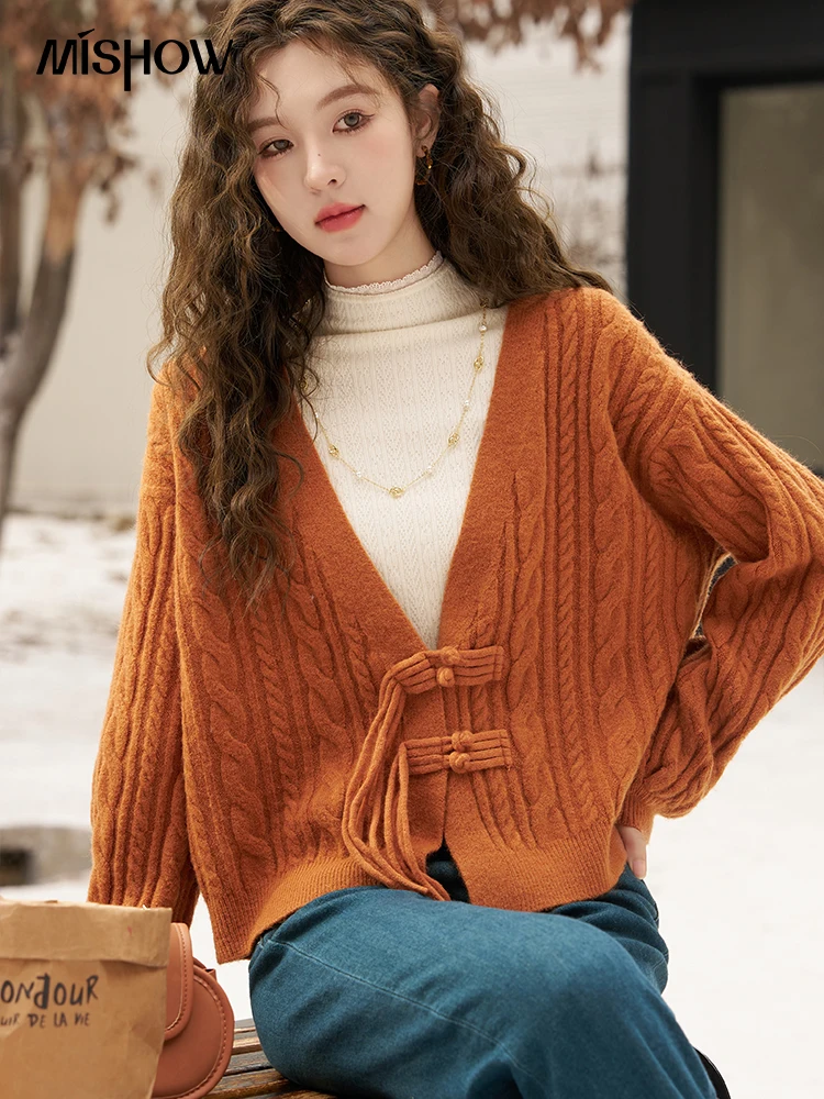 MISHOW V-neck Knitted Sweater Cardigan Women Autumn Winter New Year Knitwears Ladies Loose Twist Jumpers Top Woman MXC58Z0479