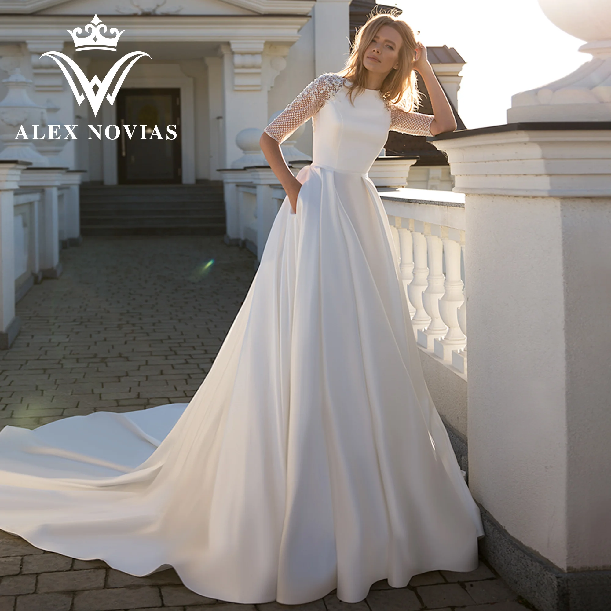 ALEX novias gaun pengantin SATIN แขนครึ่งพร้อมกระเป๋า2023 O-คอ backless Court Train vestidos de saten ชุดเจ้าสาว