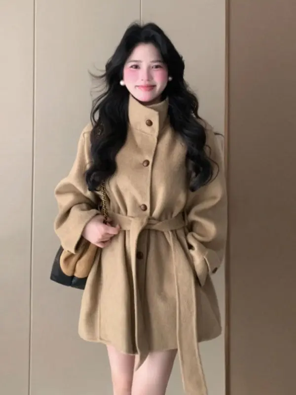 

Ретро-пальто средней длины с поясом, изысканное шерстяное пальто, модная верхняя одежда этого года, зимняя женская мода.