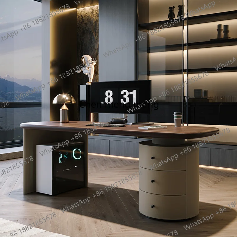 Fashion Wooden Rounded Corner Desk with Drawer Storage Cabinet,Contemporary Writing Table for Home Office  or Study Room