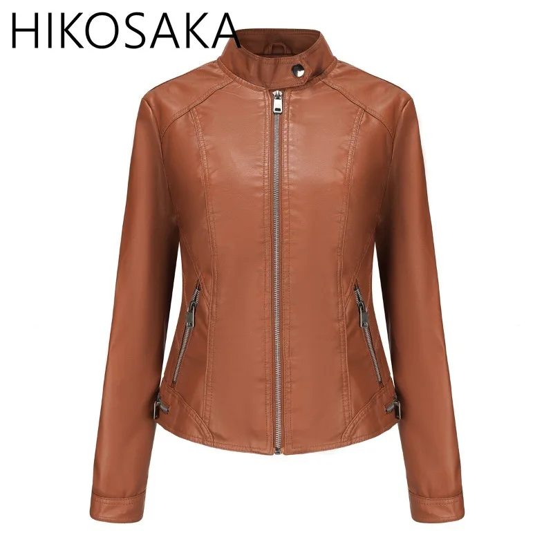 

Biker Style Casual Stand Collar Jackets Slim Long Sleeve Zipper PU Leather Coats Solid All-match Streetwear Trendy Outwears