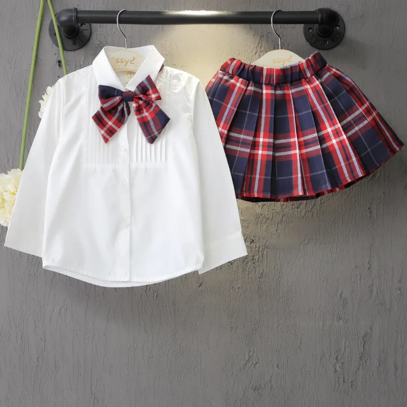 Summer Outfit Baby Girl Clothes Korean Cute Bow White Long Sleeve Tops+Plaid Skirt Children\'s Sets Boutique Kid Clothing BC112