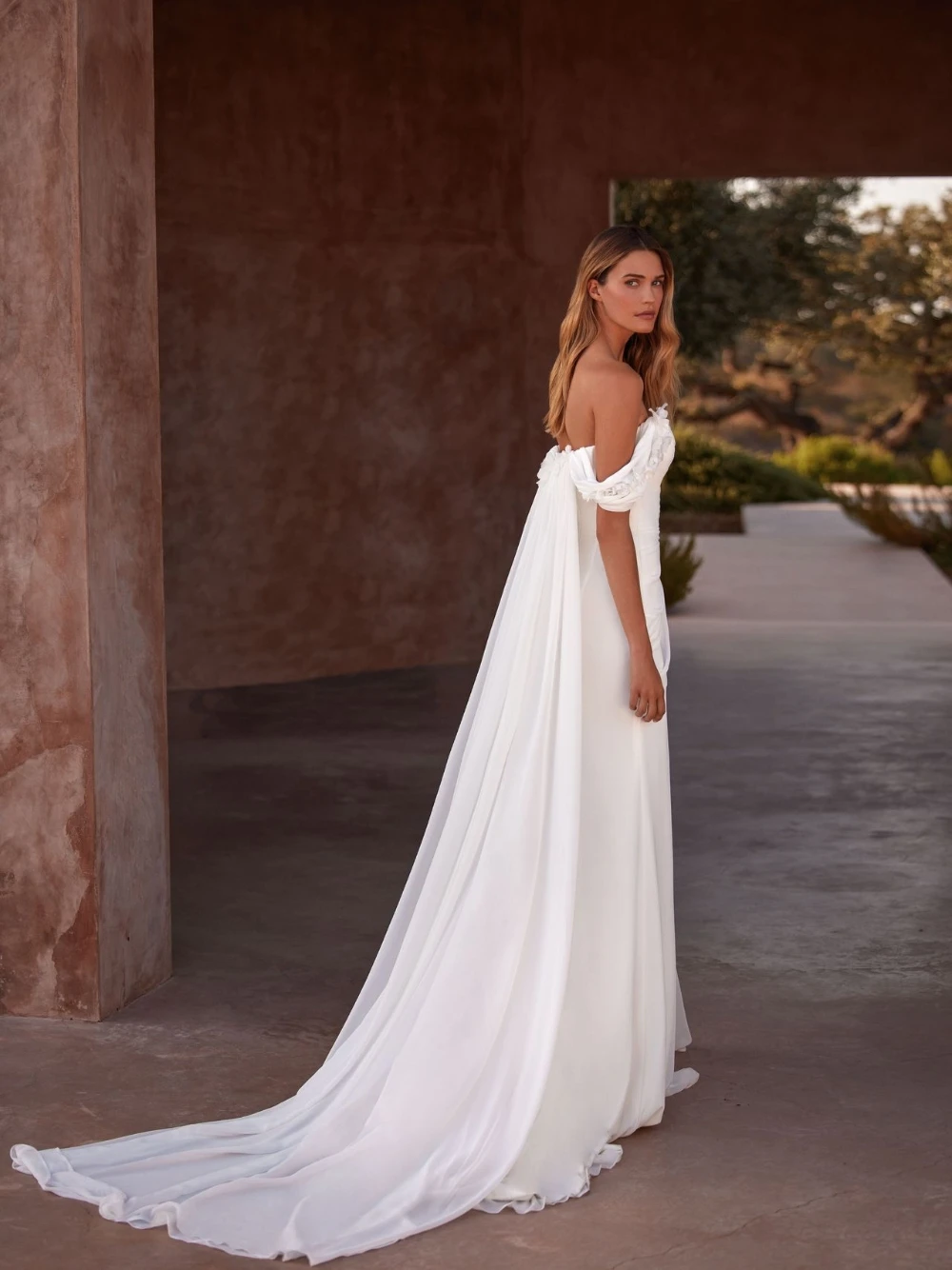 Elegant Off Shoulder Bridal Gown Flower Decor Fitted Dreamy Wedding Dress With High Slit and Train For Bride Customized