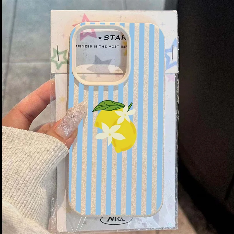 Funda de teléfono de diseño Retro a rayas azul limón para iPhone 13, 14, 15, 16, 12, 11 Pro Max X XS 16e, carcasa trasera delgada a prueba de golpes