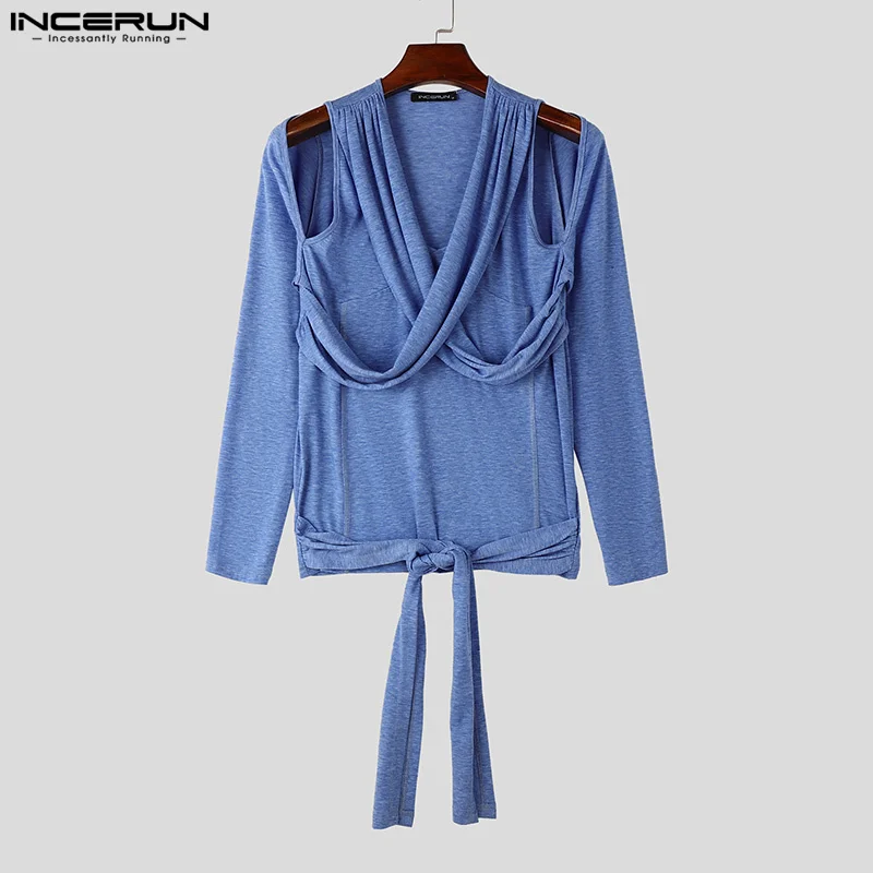 INCERUN Stylish Sexy Men\'s Tops Halter Neck Off Shoulder Solid Long Sleeve Strap Cross Lace Up T Shirts Casual Loose Tops S-5XL