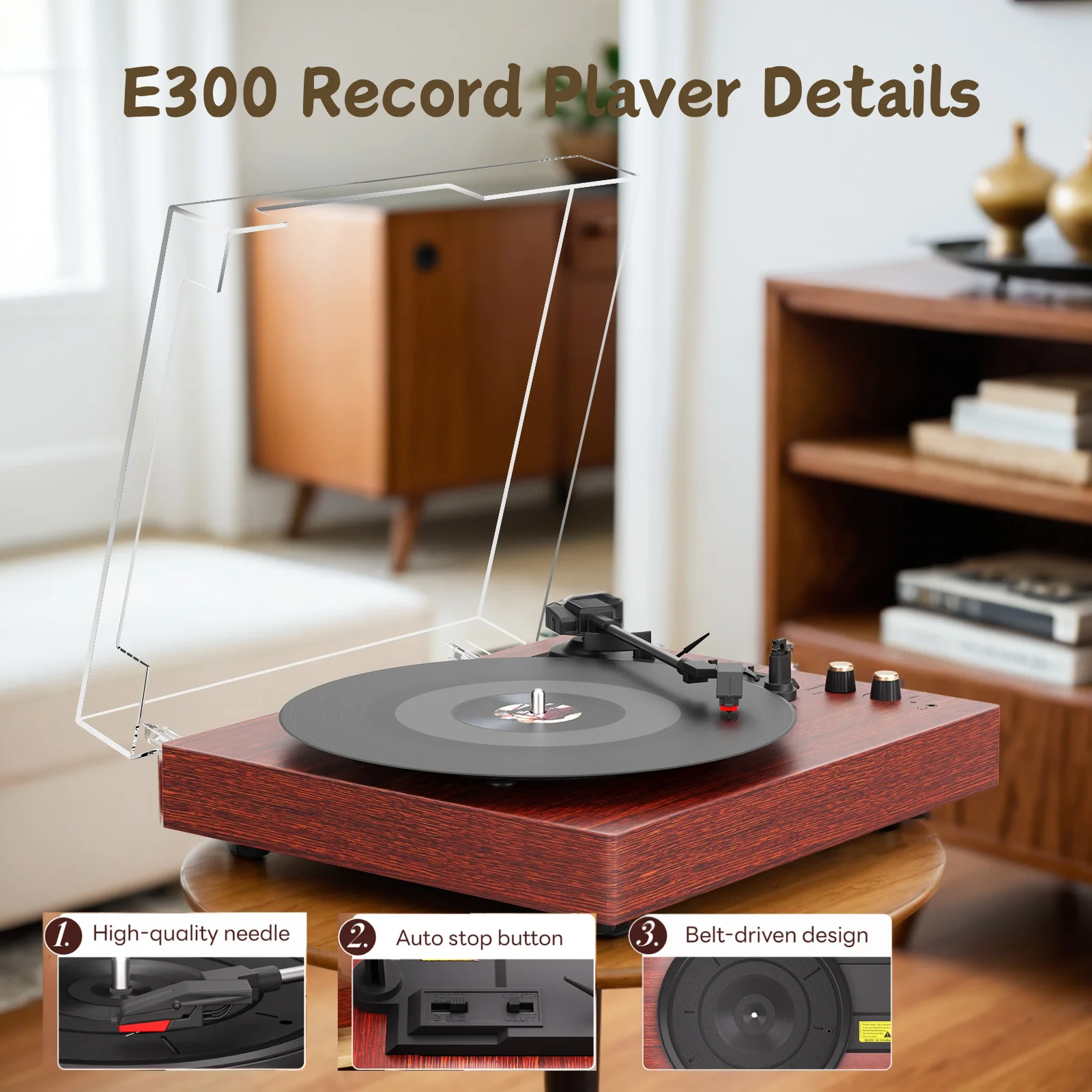 MAIO Record Player Bluetooth Vintage Audio Turntables 3-Speed 33/45/78RPM Vinyl Spinner with Speakers, Headphone Jack, AUX-in