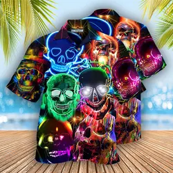 New Hawaiian Shirts Neon Skull Print for Men Cool Creative 3D Print Shirt Beach Short Sleeve Oversize Top Vintage
