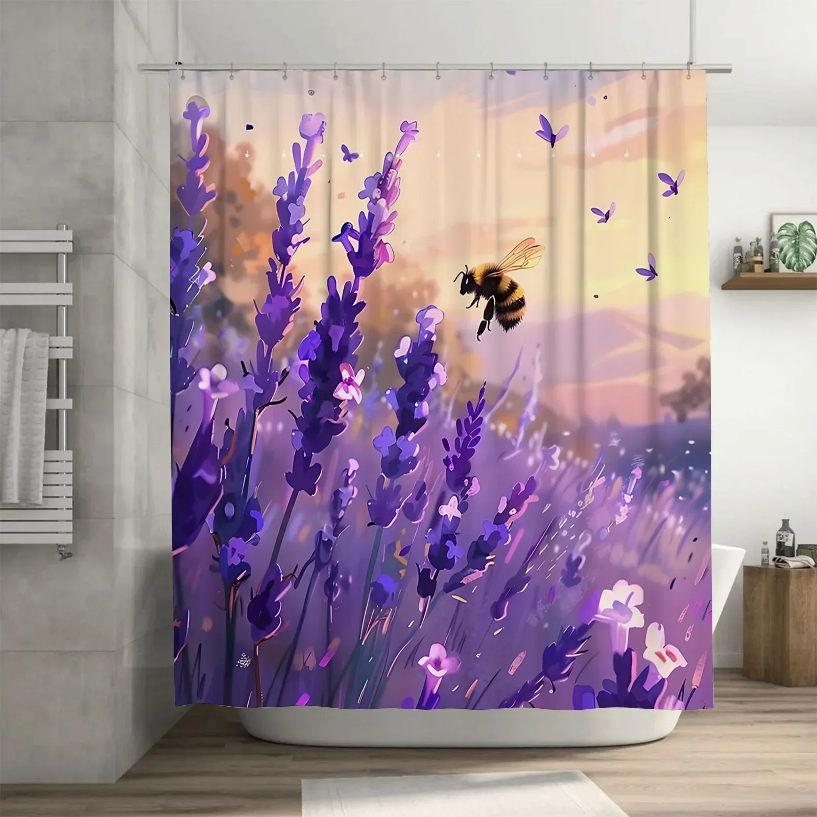 

~O~Занавеска для душа с лавандовым полем и закатом пчелы - художественные фиолетовые цветы и теплое свечение для вашей ванной комнаты, водонепроницаемый полиэстер