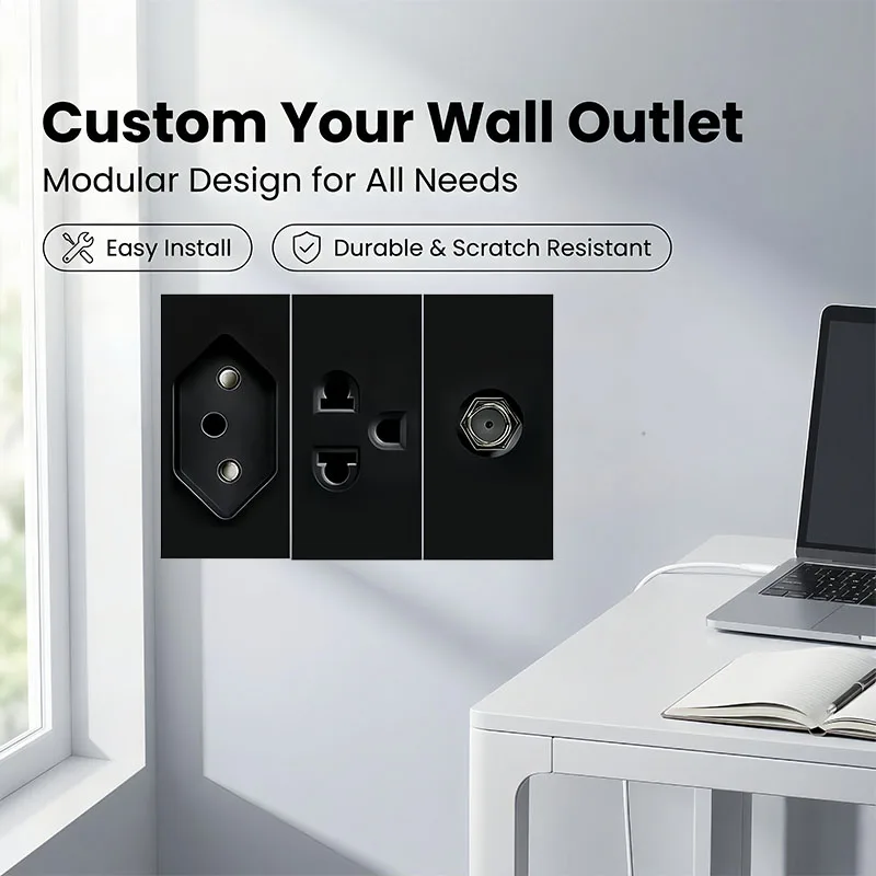 

2x4 Inch Tempered Glass Black DIY Modular Wall Plate NEMA 5-15R Duplex Outlet Interchangeable Socket Modules For US/EU/Italy