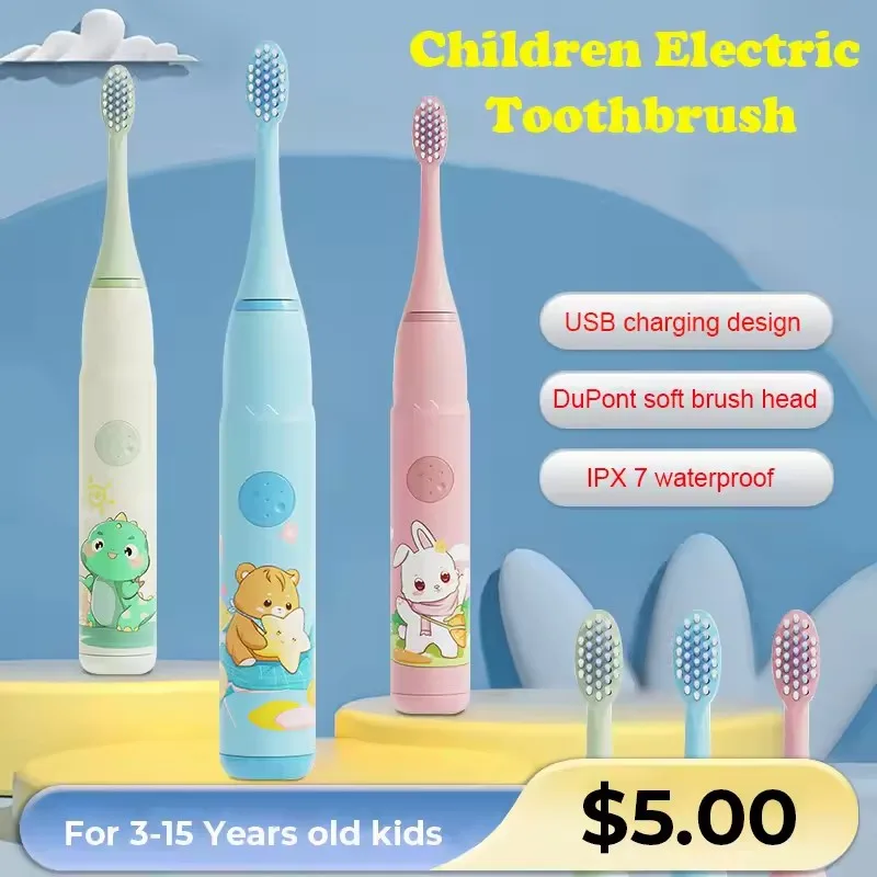 Cepillo de dientes eléctrico de dibujos animados coloridos para niños, recargable IPX7, resistente al agua con cabezales de repuesto, limpieza profunda, cuidado bucal para niños