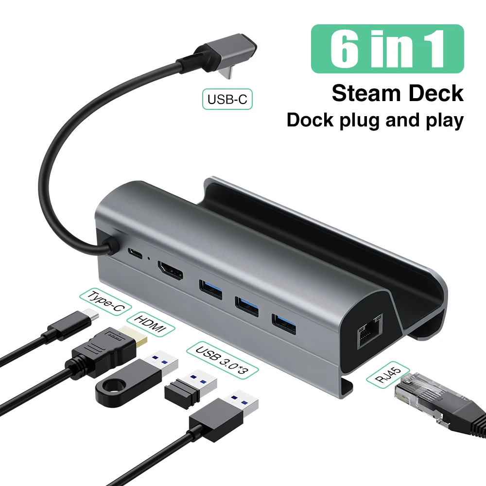 Docking Station Compatible with Steam Deck 6-in-1 Steam Deck Dock with HDMI 4K@30Hz Gigabit Ethernet 3 USB-A 3.0 Charging USB-C