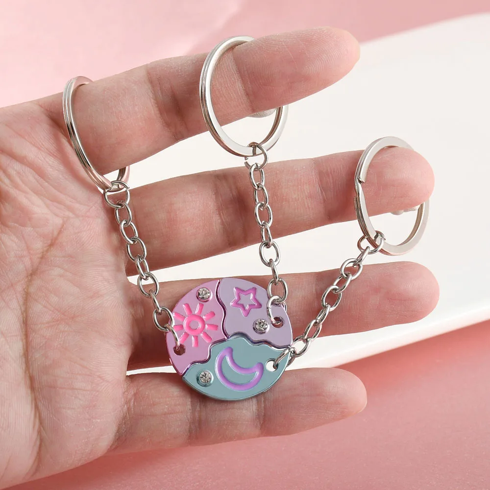 3Pcs/set Sun Moon and Star Stitching Best Friend Key Chains for Men Fashion Friendship Gifts