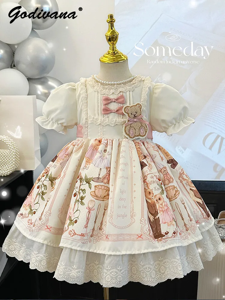 

Новое летнее платье для девочек в стиле Лолита: детское бальное платье премиум-класса с мультяшным принтом, бантом, пышными рукавами и кружевным воротником