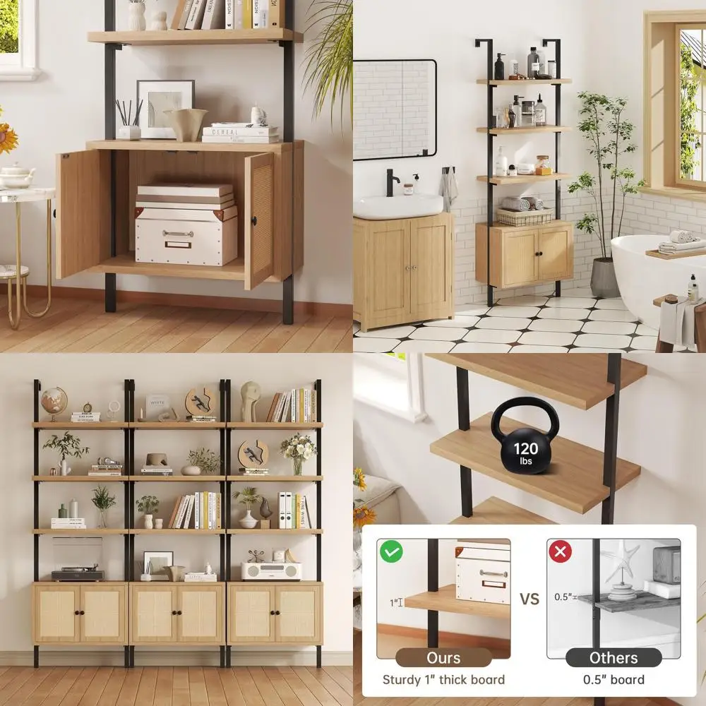 

4-Tier Wall-Mounted Rattan Bookshelf with Metal Frame, Anti-Tip, Suitable for Living Room, Home Office, and Bedroom
