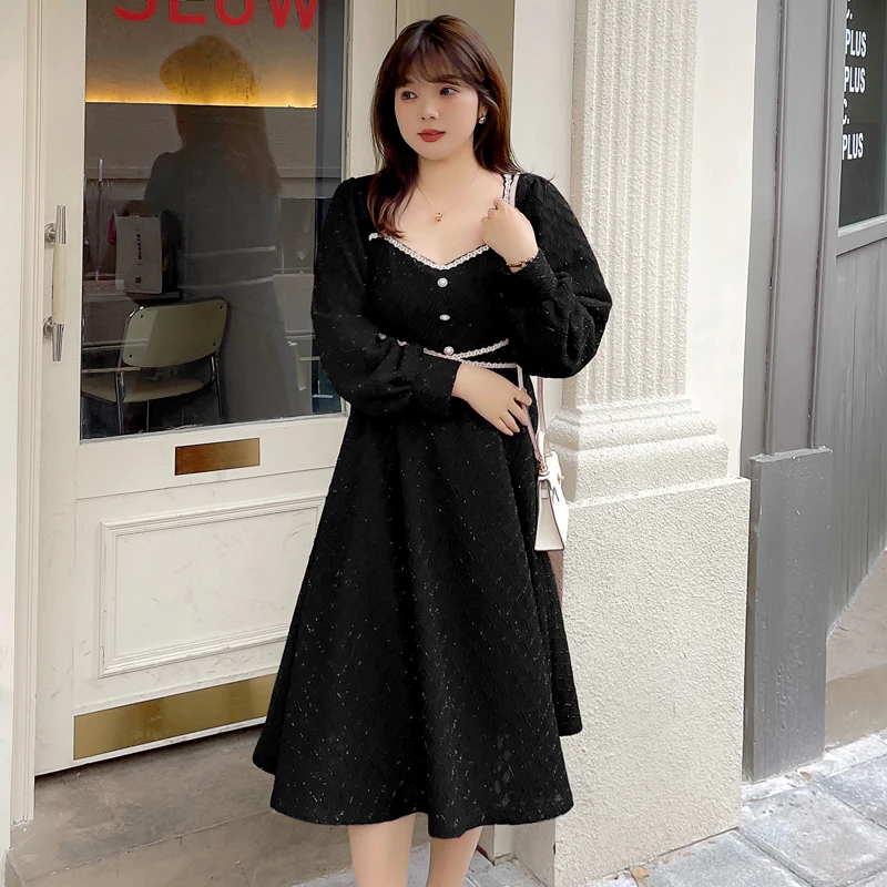 대형 XL-5XL 여성 프랑스어 v 넥 하이 웨스트 모조 진주 버튼 a 라인 블랙 드레스 긴 소매 봄 가을 레드 드레스