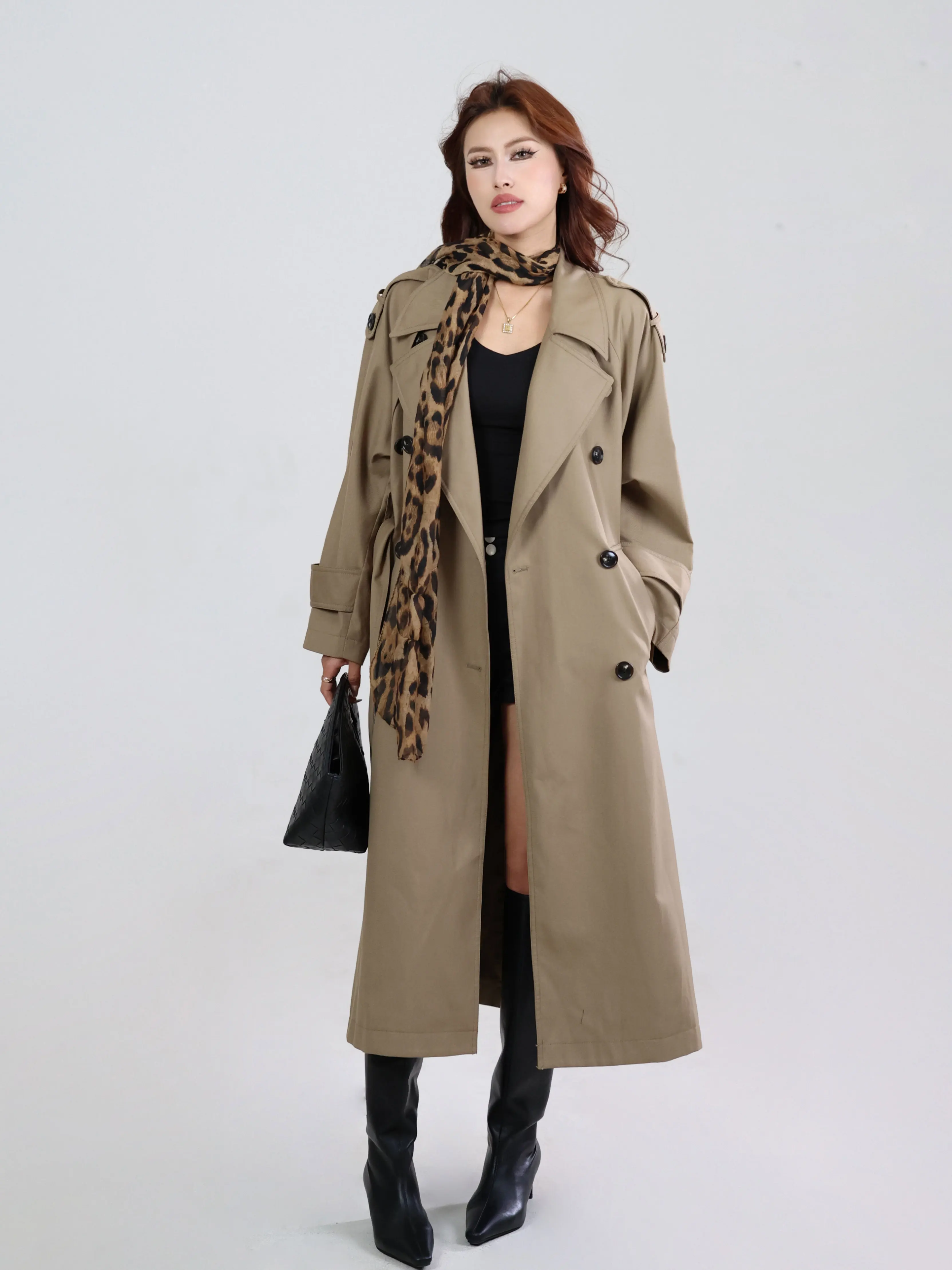 Classic Parisian Style Long Coat Women's Double Breasted Overcoat with Stand Collar Medium Length Fashionable Commute Wear